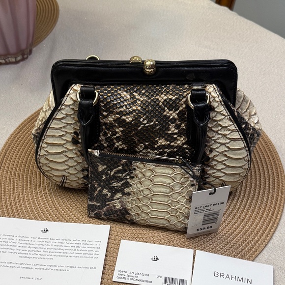 Brahmin Mini Layla Espresso Mist Black and Cream-Embossed Satchel/small wallet. - Picture 3 of 17